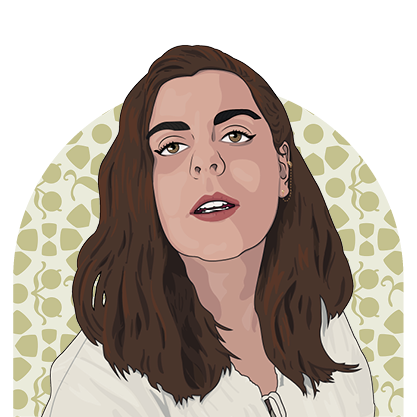 An illustration of Emily Entner, she is wearing a white shirt, and has shoulder-length dark brown hair. Her eyes are brown and she has light olive colored skin. Behind her is an arch frame with geometric and colorful shapes filling the background. 