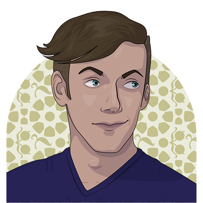 An illustration of Lucas Zellers, with brown hair, short on the sides and longer and swooping on the top going off to the right side of his head while his blue eyes look left. He is wearing a blue shirt, and behind him an arch frame filled with colorful geometric shapes as a background. 